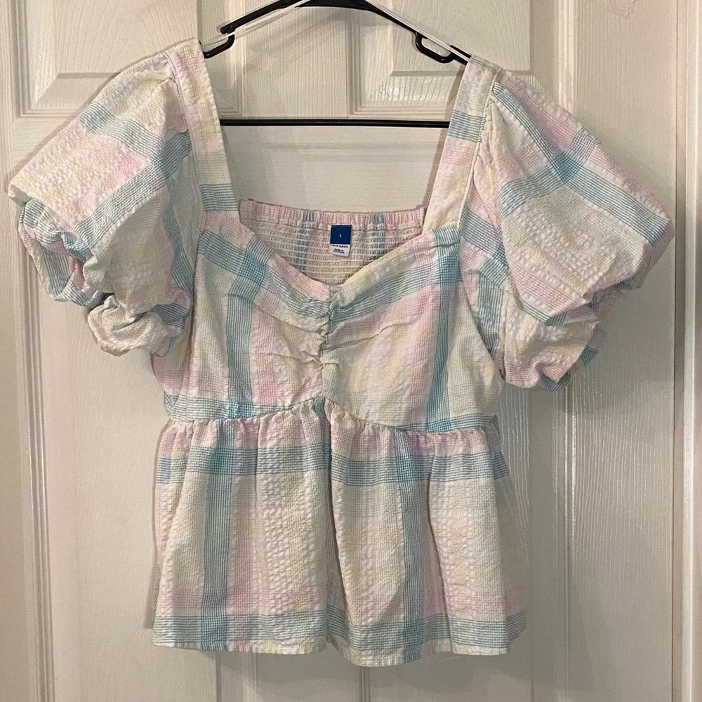 Old Navy Multicolor Plaid Puff Sleeve Blouse